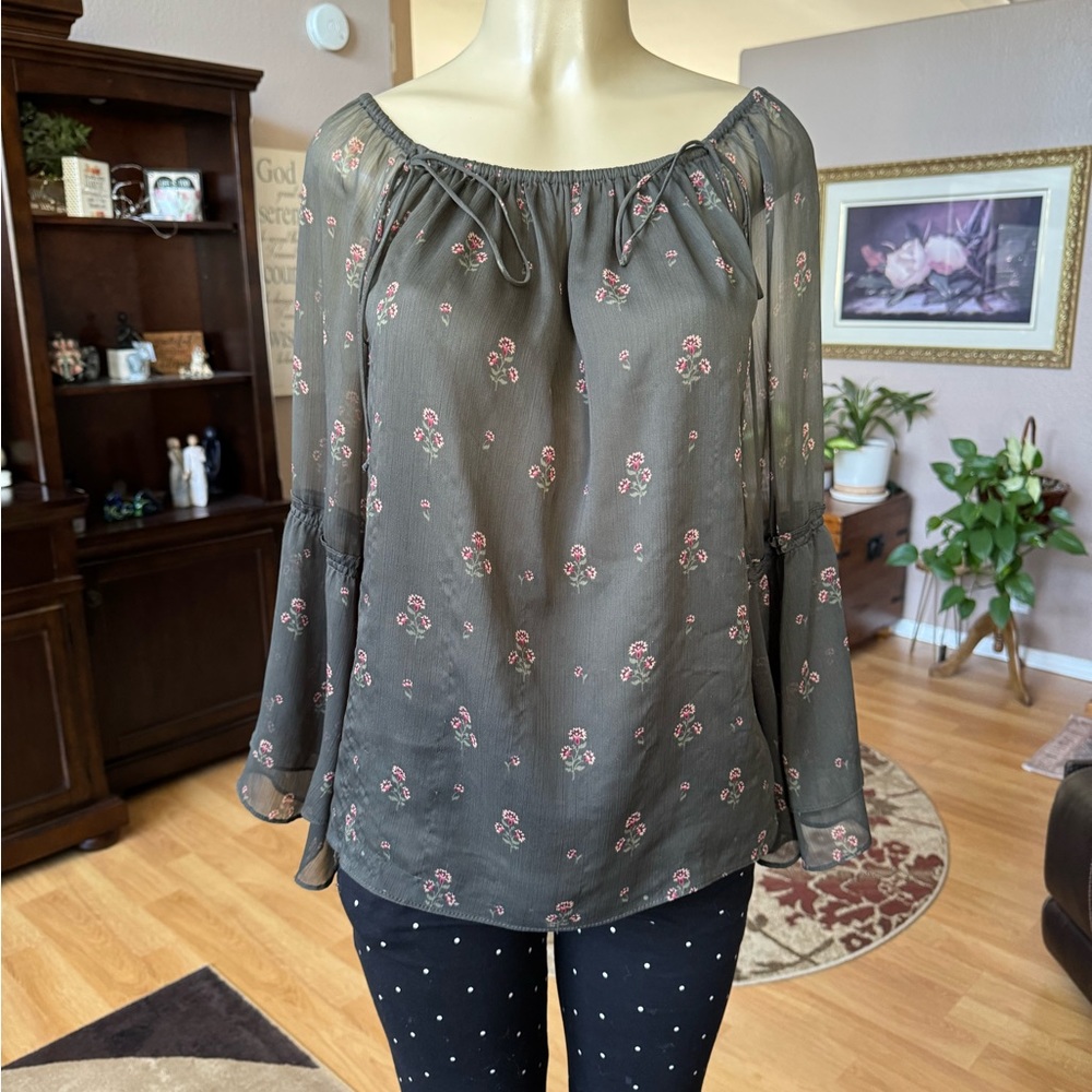 WHBM Forest Green Peasant Blouse - Floral - Bell Sleeves - Semi-Sheer - Sz Small